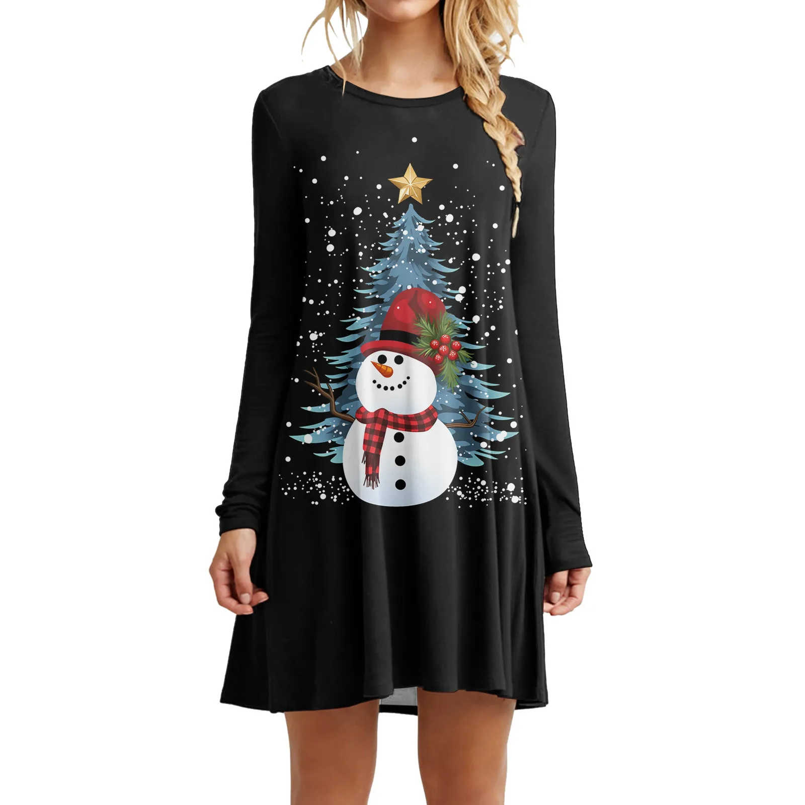 

Женское осенне-зимнее повседневное модное рождественское платье-туника с круглым вырезом и длинным рукавом