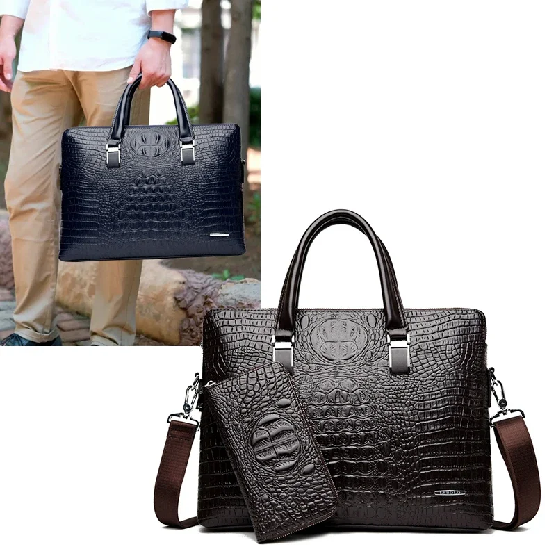 

P94Alligator Briefcase Bag for Man Leather Crocodile Tote Handbag Laptop 14 Male Shoulder Business Messenger Crossbody Side Bag