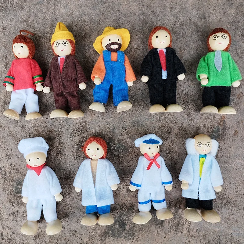 Wooden Furniture Miniature Toy Mini Wood Dolls Family Doll Kids Children House Play Toy Happy Dollhouse Boys Figures Girls Gifts 2
