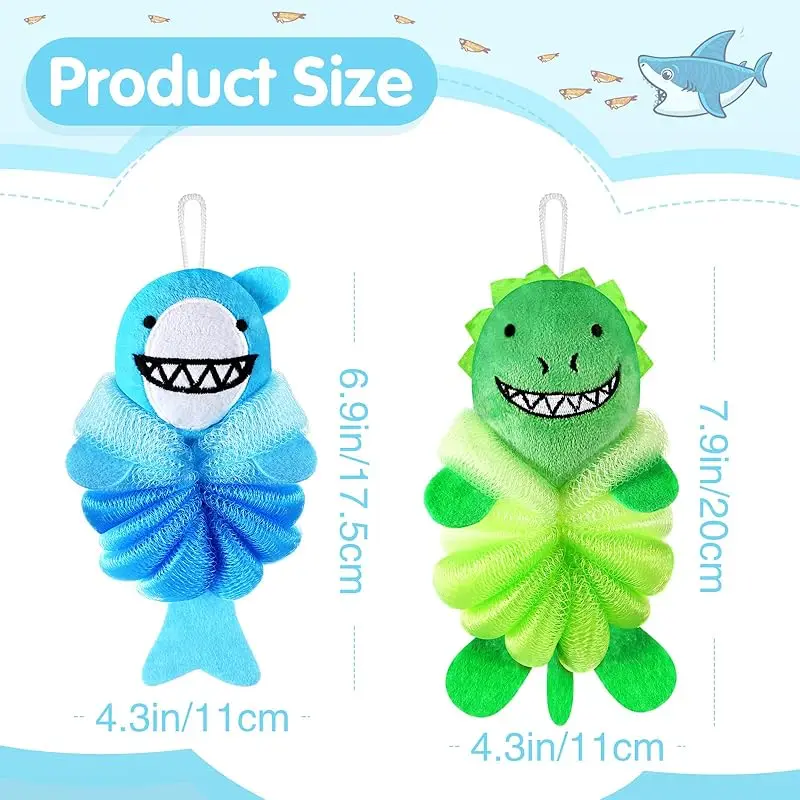 2Pcs Bath Loofahs Kids Toddler Cute Cartoon Bath Sponges Loofah Pouf Body Scrubber Mesh Sponges