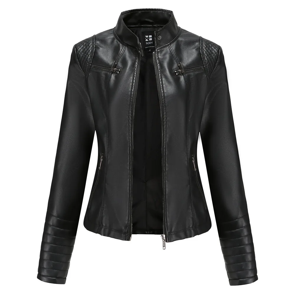 2026 New Women's Slim Leather Jacket, Stand-up Collar, Zipper Stitching, Monochromatic PU Coat, Fashion Clothing.