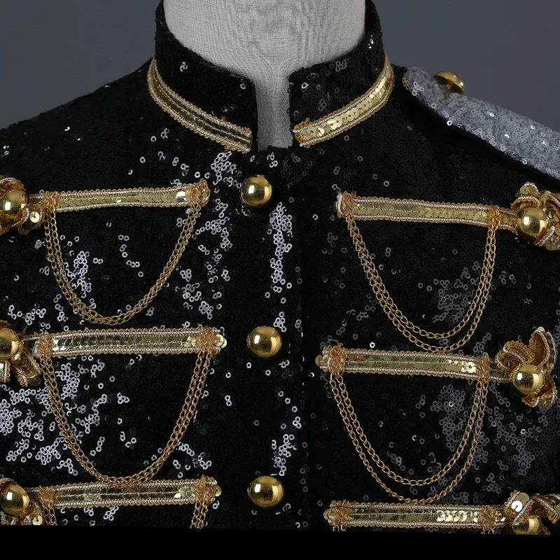 Black Sequin Patchwork Military Suit Jacket For Men Stage Party Prom Singer Show DJ Costume Single Breasted Red Male Blazer Coat