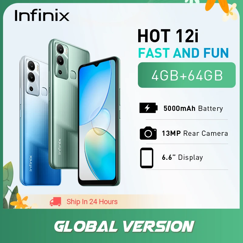 

Global Version Infinix Hot 12i Cell Phone 5000 mAh Battery 13MP Camera 6.6" Display 4GB RAM 64GB Storage Fingerprint Smartphones