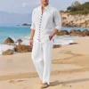 2025 Spring and autumn Cuban style fashion men's shirt trend casual multi-button stand collar loose long sleeve pants beach suit 1