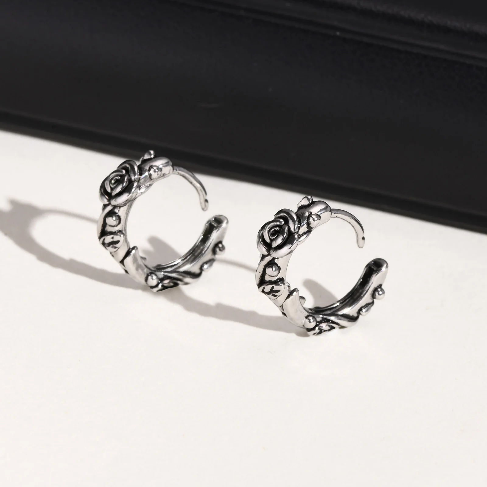 Retro Rose Hoop Earrings for Men, Waterproof Stainless Steel Stylish Flower Huggies Ear Jewelry, Gifts for Him 6