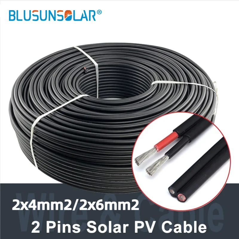 

50 Meters 2x4/2x6MM2 2 Pins PV Solar Cable Black Double Core Wire Copper Conductor XLPE Jacket Photovoltaic Panel Connection