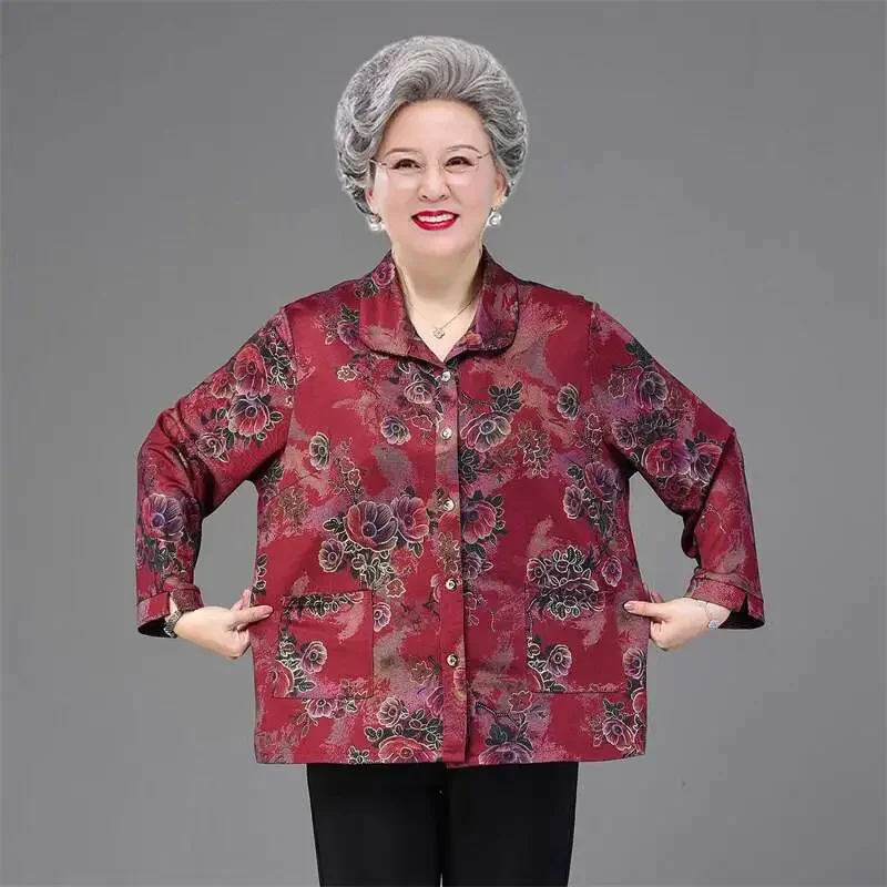 Middle Age Elderly Women's Shirts Spring Summer Mid-Sleeve Print