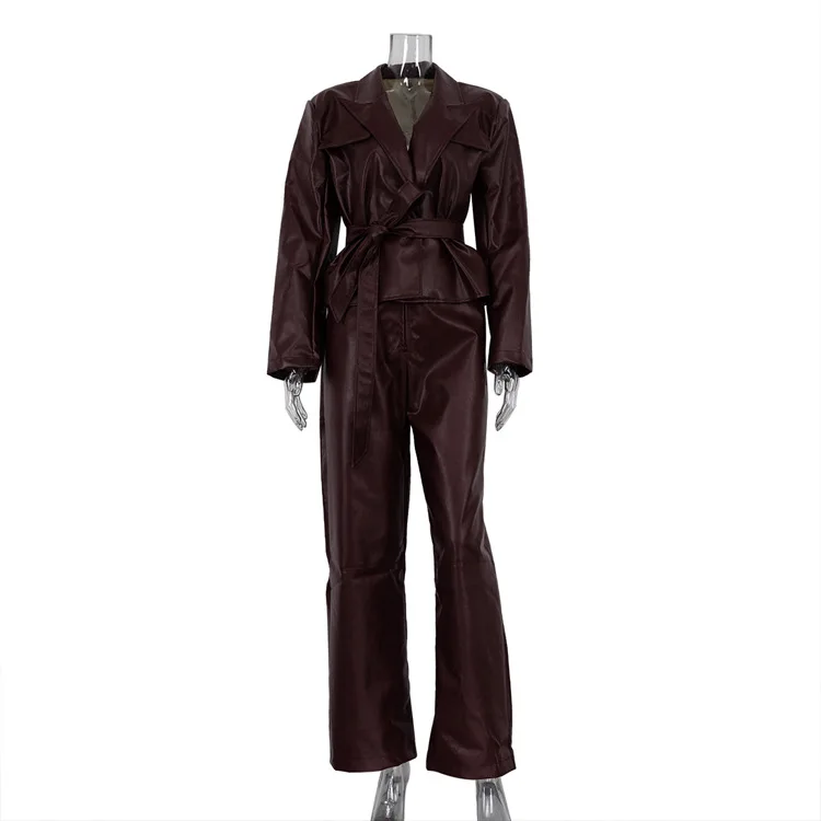 Vintage PU 2 Piece-Set Trousers Female Lace-Up Pocket Fashion Outwear Streetwear Autumn Patchwork Women's Pants Sets