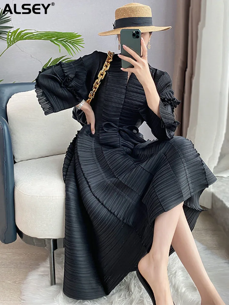 

ALSEY Miyake Dress Long Sleeve Petal Sleeve Office Lady Women's Vintage Office Lady Elegant Prom Party Dresses 2023 Spring New
