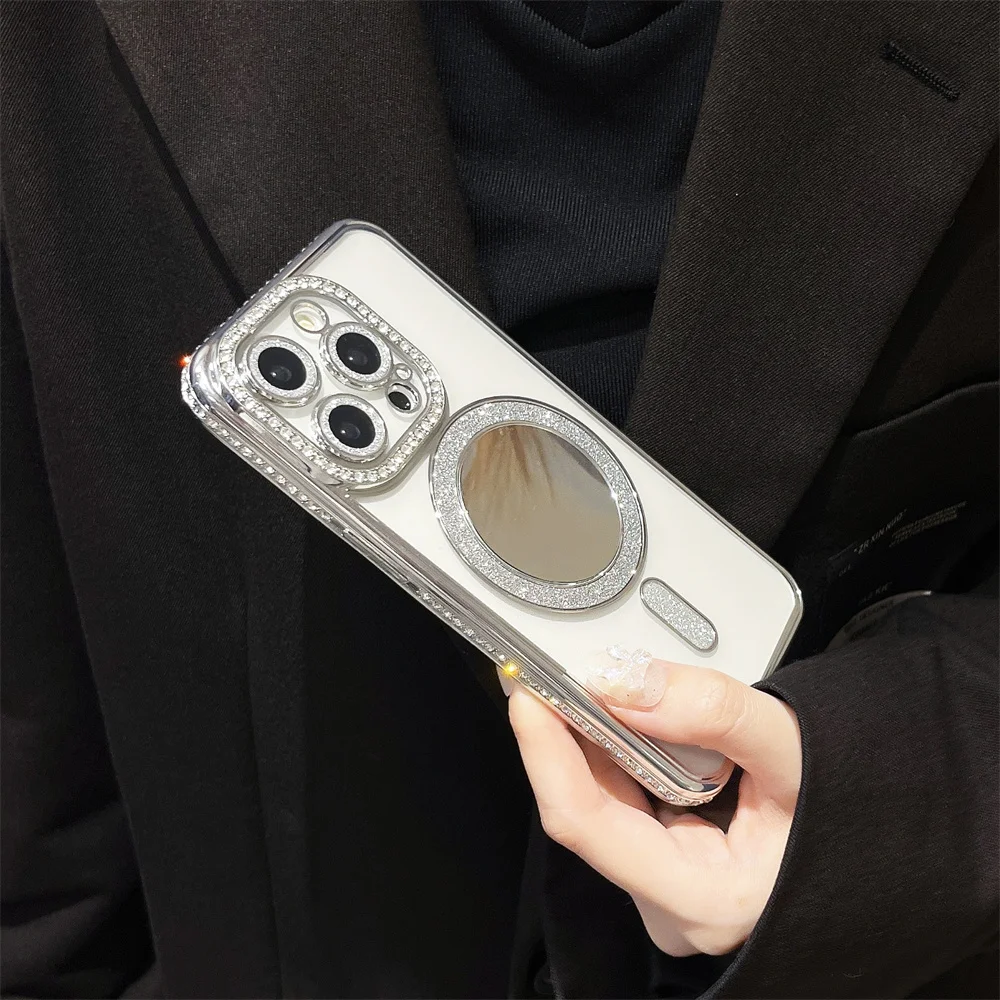 Glitter Magnetic Make Up Mirror Phone Case For iPhone 16 15 11 12 13 14 Pro Max Shiny Diamond Plating Clear Protective Cover_voghion.com