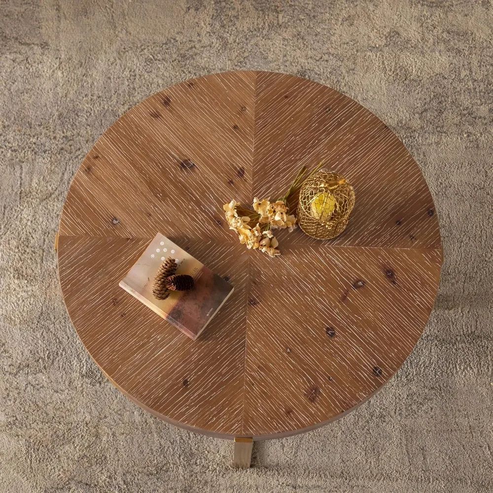 33.86" Modern Retro Splicing Round Coffee Table,Fir Wood Table Top with Gold Cross Legs Base 6