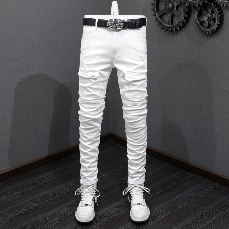 

High Street Fashion Men Jeans White Elastic Stretch Skinny Spliced Biker Jeans Men Pocket Patched Designer Hip Hop Pants Hombre