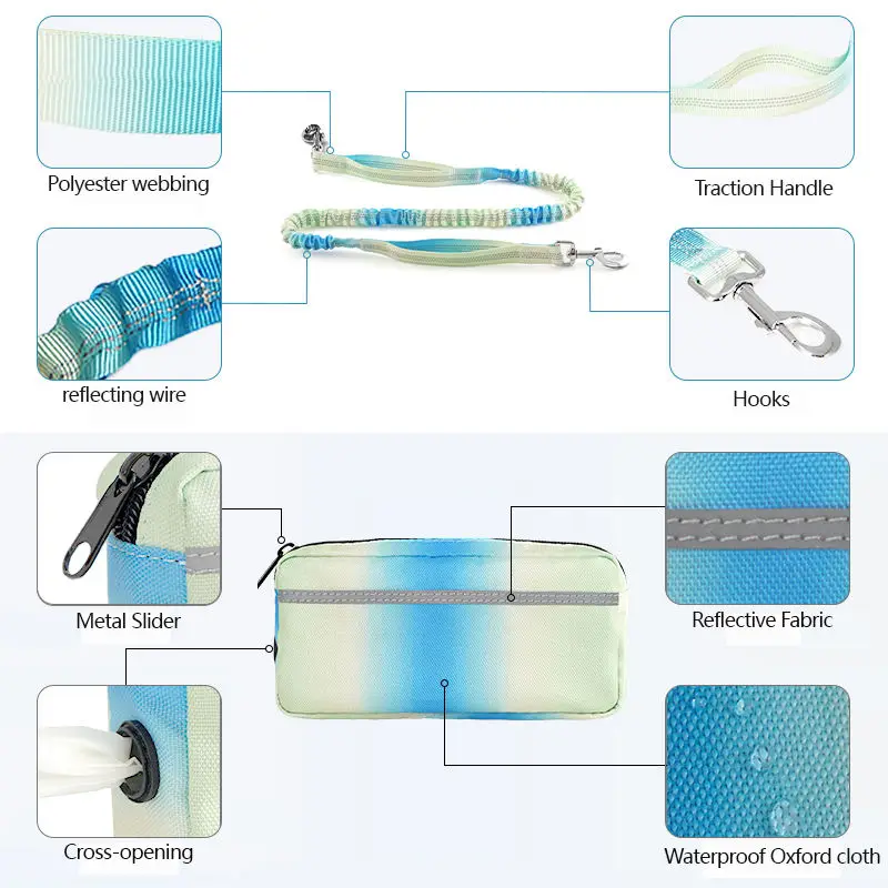 مقود الكلب بدون استخدام اليدين مع حقيبة سحاب الحقيبة في الهواء الطلق الحيوانات الأليفة المنتج اليومي Handfree مقود الكلب مع حقيبة الخصر أكسفورد القماش مستلزمات الحيوانات الأليفة