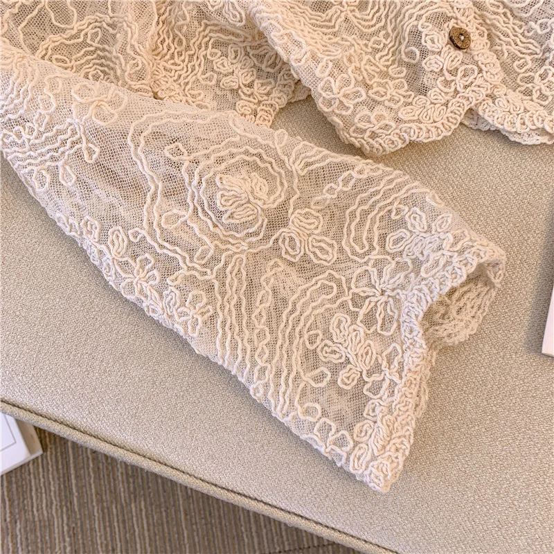 Sheer Crochet Top Long Sleeve Button Front V-Neck Open-knit Embroidery Blouse Women Summer Fairycore Cottagecore Outfit