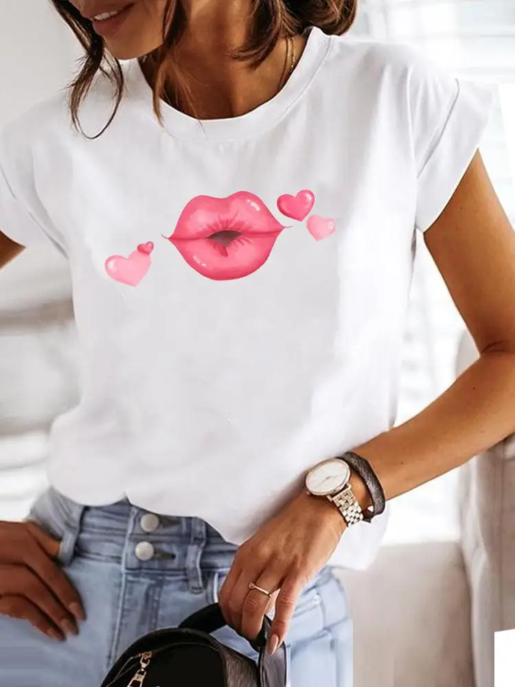 

T-shirt Summer Clothing Fashion Tee Women Short Sleeve Print Clothes Lip Love Trend Cute 90s Graphic T Shirt Female Top