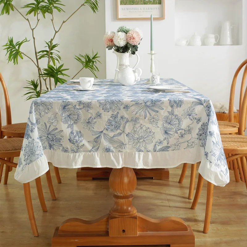 Cotton Table Cloth Waterproof Oilproof Blue and White Porcelain