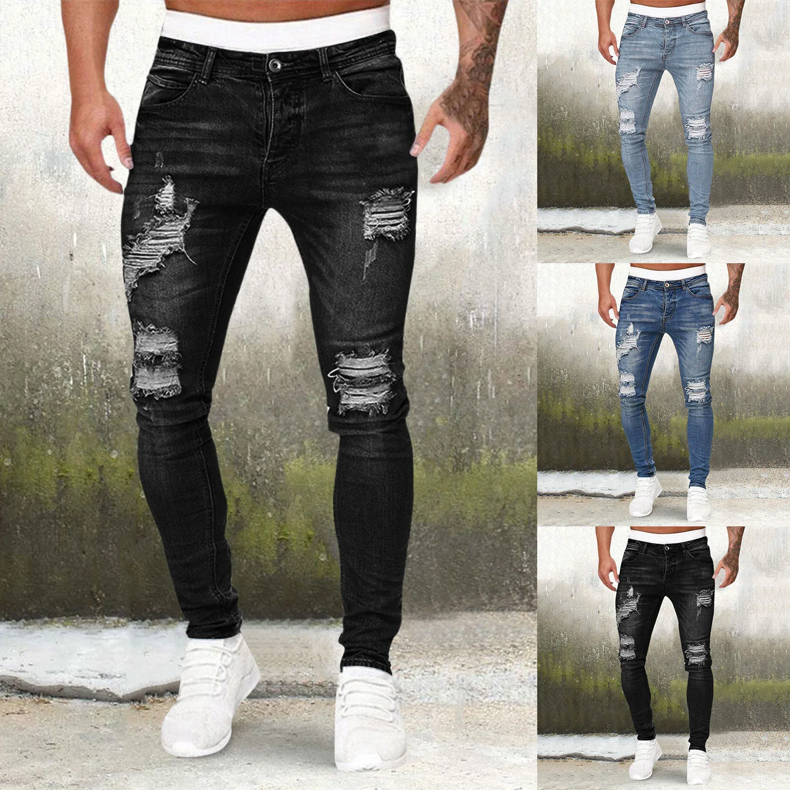 Europe America Mens Ripped Skinny Jeans Blue Slim Hole Pencil Pants Biker Casual Trousers Streetwear High Quality Denim Clothing 2021 newest hot womens stretch skinny ripped hole washed denim jeans female slim trousers high waist pencil pants trousers