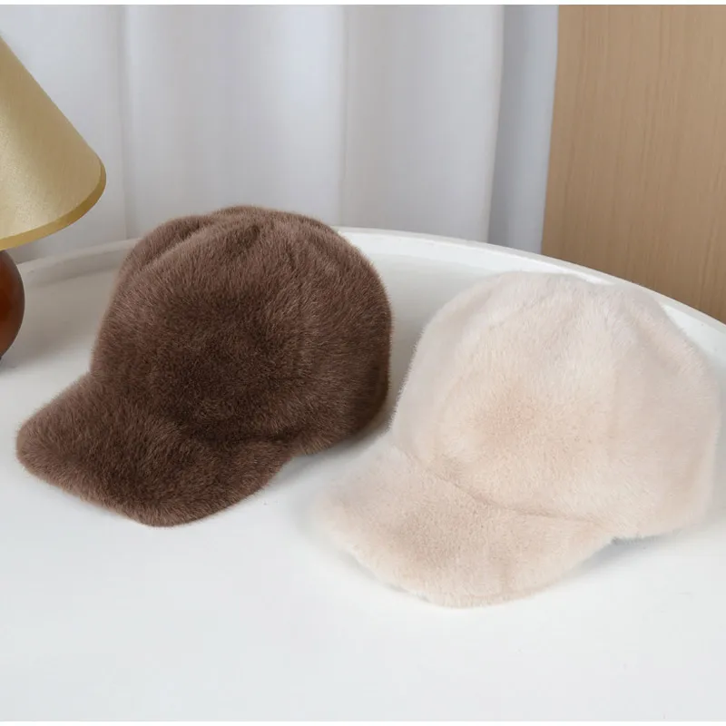 Faux-Nerz-Baseballmütze für Damen, verdickte warme Wintermütze mit breiter Krempe, lässiger Stil für kleines Gesicht, übergroße Krempenmütze – Detail 2