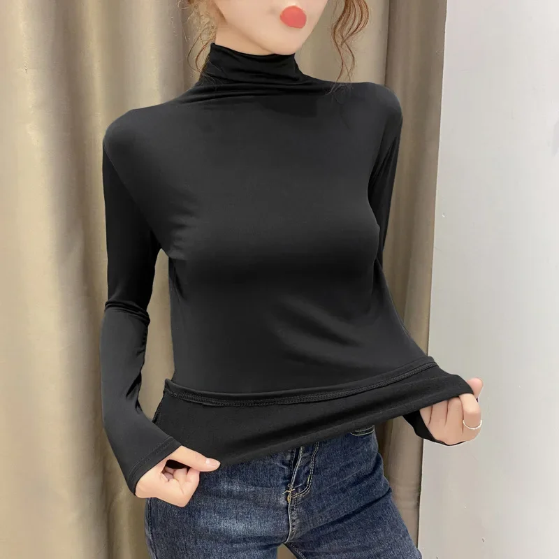 양털 안감 슬리밍 솔리드 컬러 여성 탑 가을/겨울 다목적 긴 소매 폴로/터틀 넥 베이스 레이어 탑