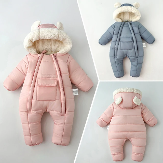 -30℃ Winter New Baby Boys Girls Rompers Solid Color Berber Fleece Lining Thick Warm Hooded Bodysuit For Kids One Piece Overalls 1