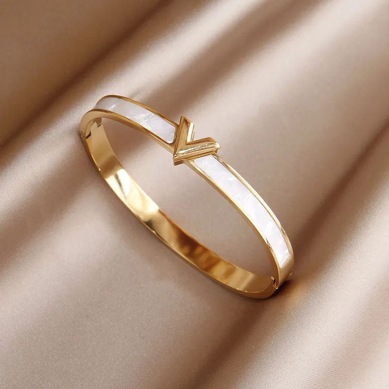Stainless Steel Letter V Bangle Bracelets for Women Fashion Crystal Party Accessories Gifts