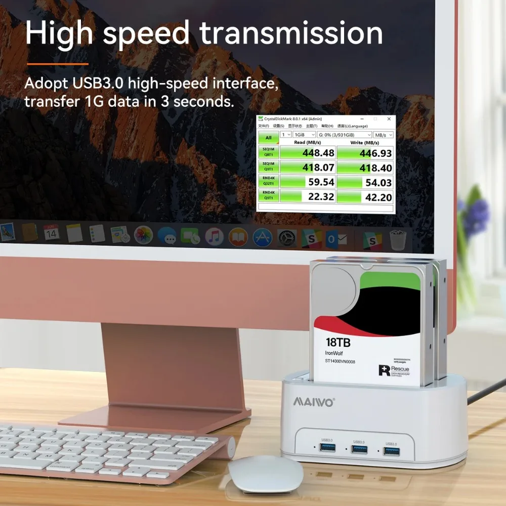 MAIWO 듀얼 베이 HDD 도킹 스테이션, 2.5 3.5 SSD 디스크 케이스용 SATA-USB3.0 어댑터, HDD 박스 도크 하드 드라이브 인클로저, 클론 포함