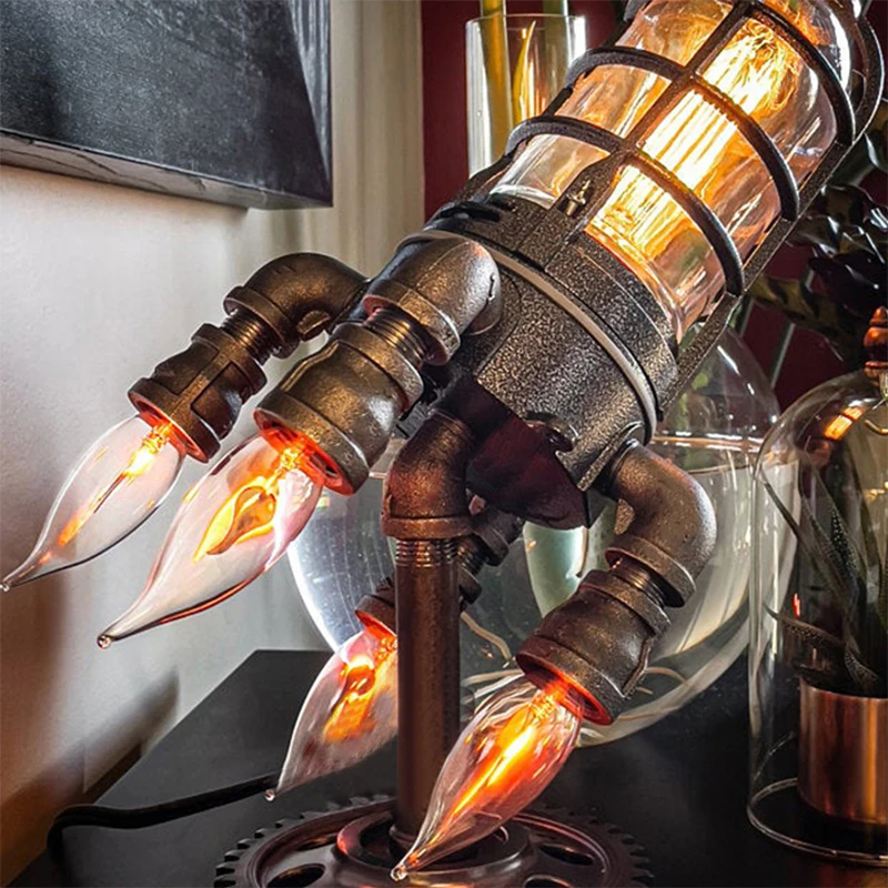 Vintage Steampunk Rocket Table Lamp Flame Night Light for Bar Store Desk Decor Lighting Fixtures Creative