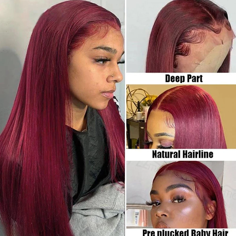 Sleek Red 99J Human Hair Wig Brazilian Straight 13x4 Lace Front Part P4/27 Human Hair Wigs 100% Natural Remy For Women