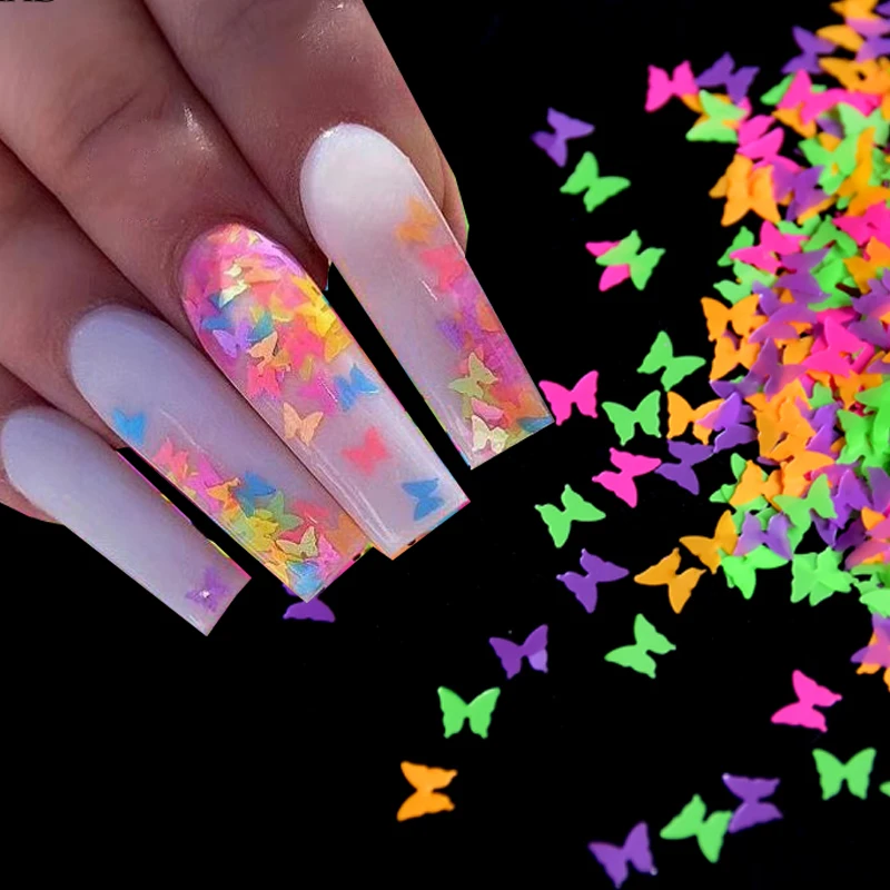 1bag Neon Butterfly Nail Art Glitter Flakes 3d Fluorescence Butterfly