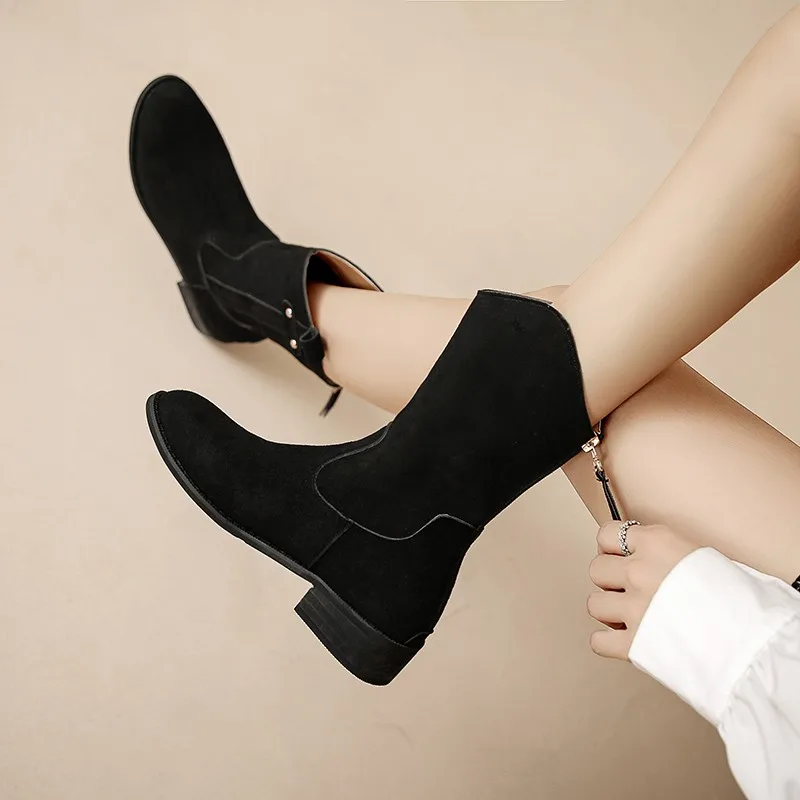 Winter New Leather Round Head Solid Color Comfortable and Warm Back Zipper Women Fashion Boots Mid Sleeve Women's Boots 2023