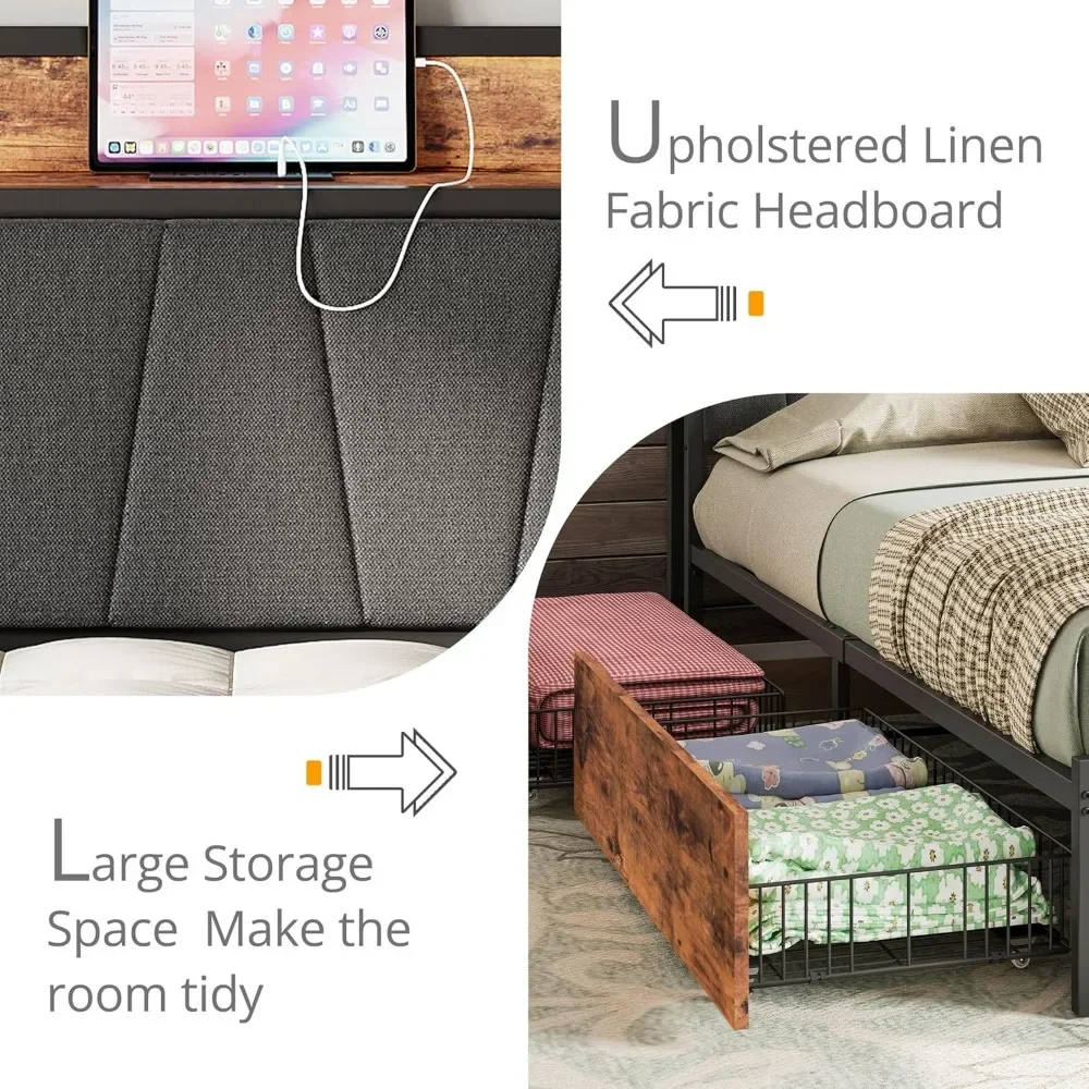 NEW-LIKIMIO King Bed Frame with 4 Storage Drawers, Platform Bed with Charged Headboard, Sturdy and Stable, No Noise, No Box Spri