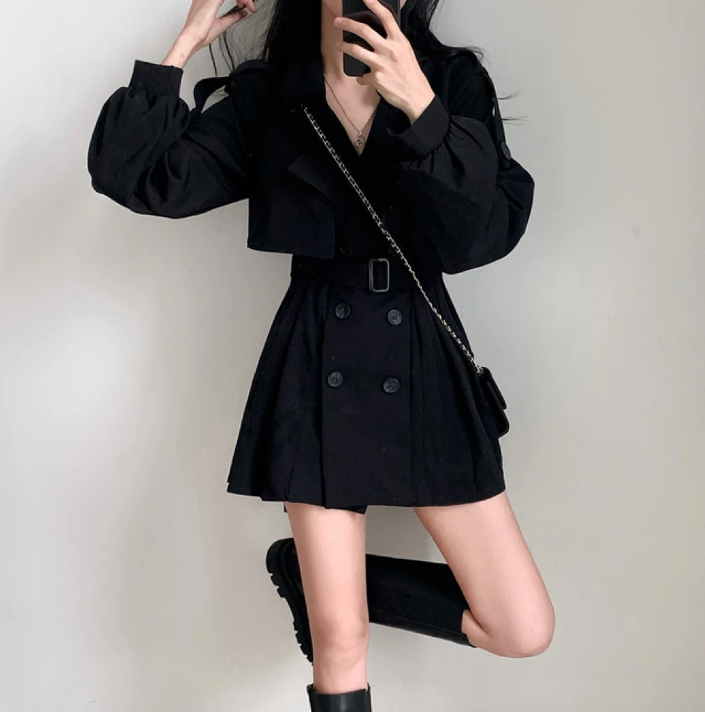 Gabardina elegante y plisada de estilo coreano para mujer, vestido con cinturón, cuello vuelto, doble botonadura, liso, para otoño