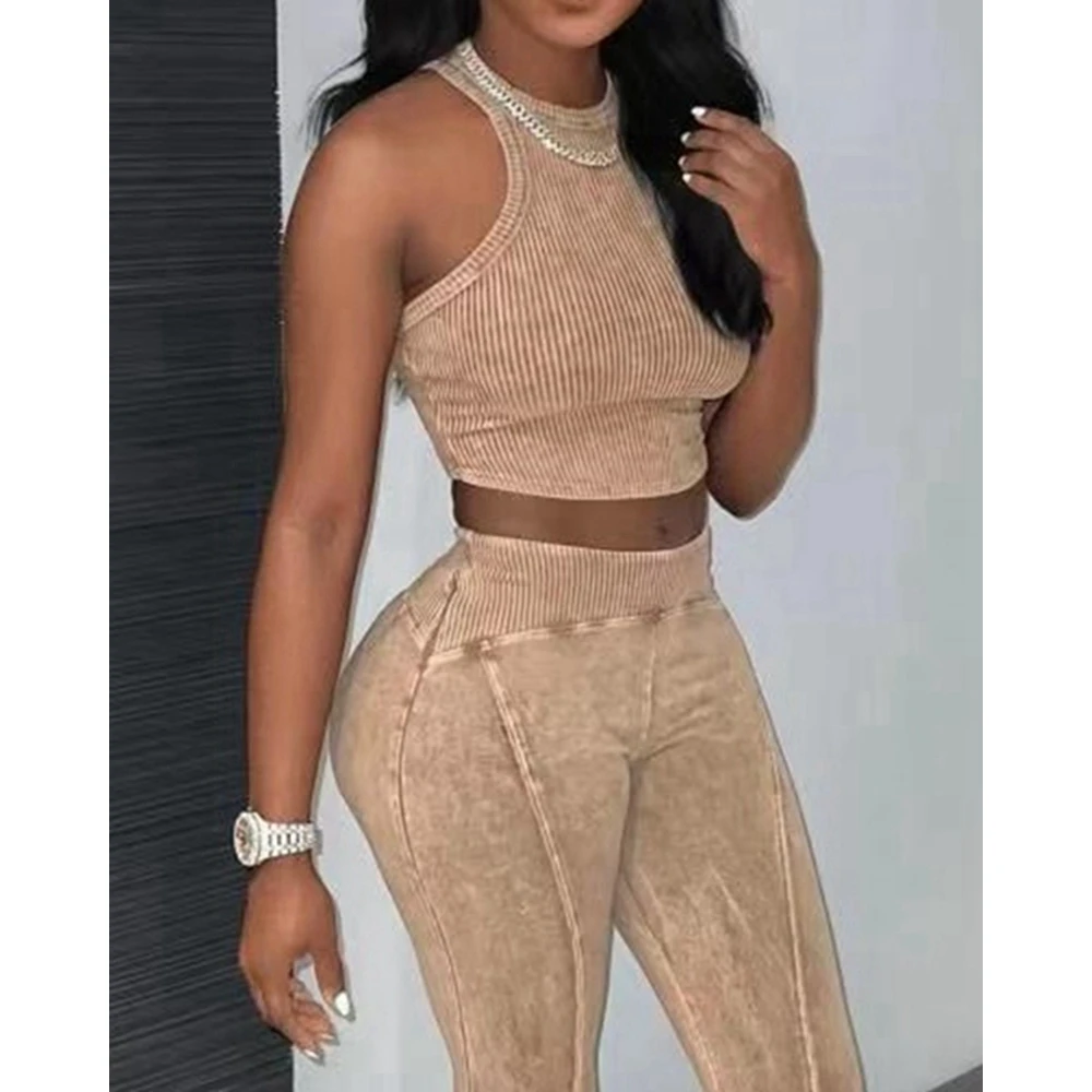 Autumn Women Corduroy Ribbed Sleeveless Round Neck Top & High Waist Skinny Pants Set Casual Slim Two Pieces Sets Outfits Y2k
