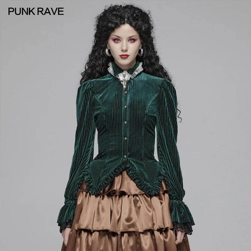 

PUNK RAVE Women's Gothic Dark-Grain Velvet Elastic Long Sleeve Fashion Beautiful Shirt Party Club Female Slim Tops Shirts