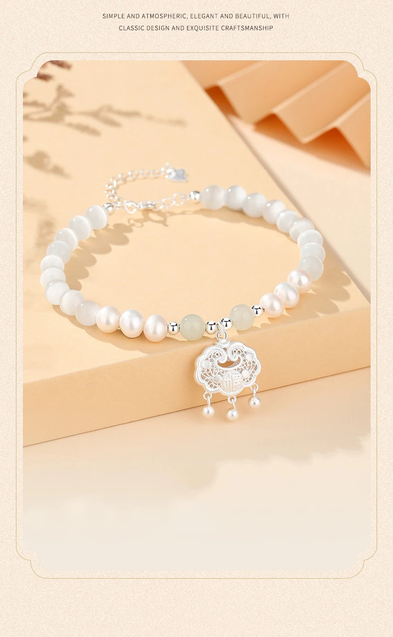 Katzenauge-Stein und Süßwasserperle, reine 925-Nadel, Peace-Lock-Armband für Frauen, hochwertiges, handgefertigtes Perlenarmband für Damen – Detail 7