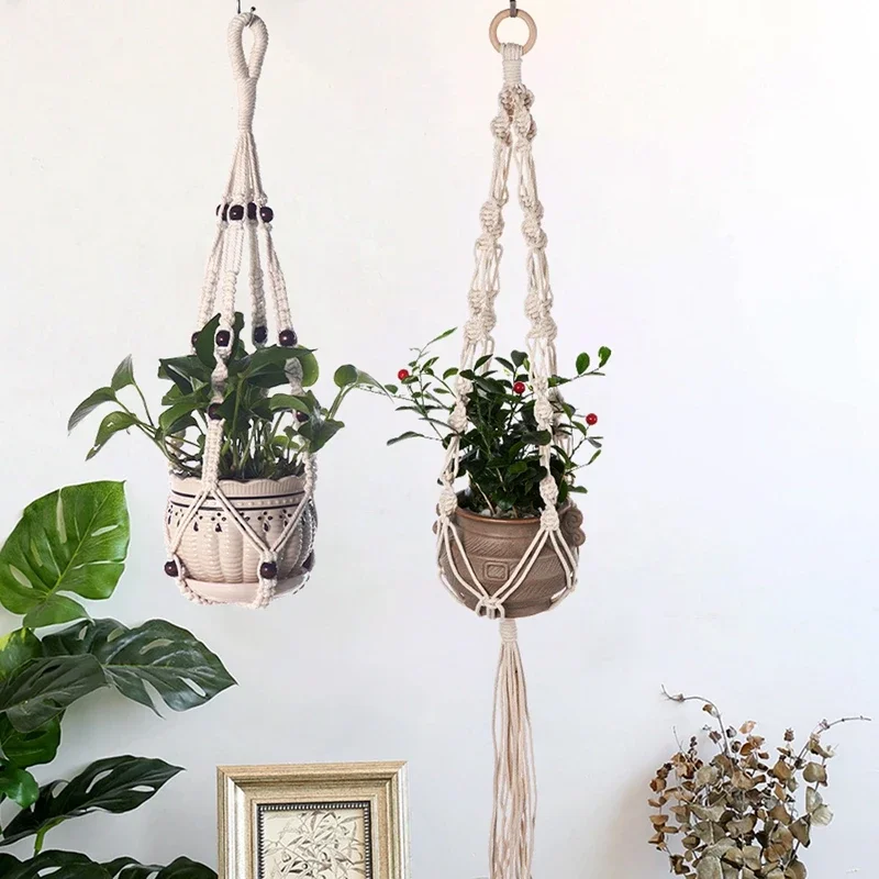 Plant Hanger Flower Pot Hanging Basket Handmade Macrame Green Plant Hanger Cotton Rope Flower Pot Planter Pocket