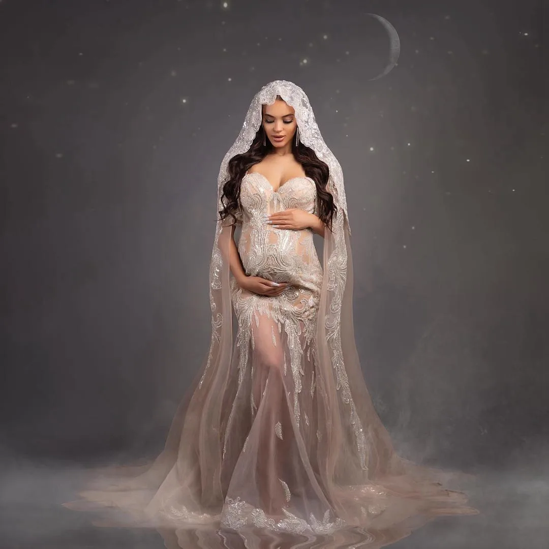 

Glitter Sliver Lace Appliques Maternity Robes To Photo Shoot Sexy Sheer See Thru Mesh Cloak Dress Birthday Party Celebrity Dress
