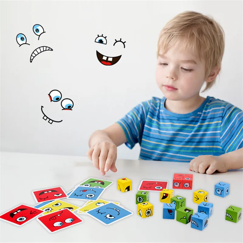 

Cube Face Changing Building Blocks Board Game Cartoon Puzzle Montessori Toys Wooden Level Game Thinking Challenge Kids Toys