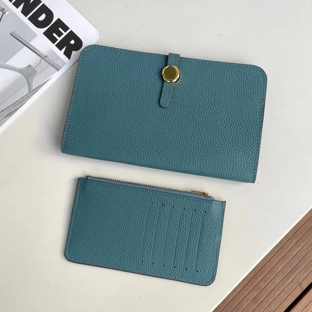 Genuine leather long lady's handbag with multiple compartments fashionable wallet large capacity thin passport clip gold buckle