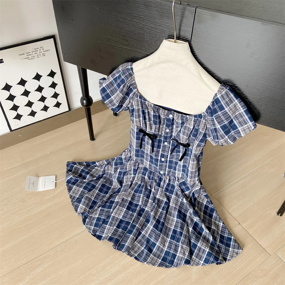 Y2K Plaid Short Dresses for Women Princess Birthday Party Dress Puff Sleeve Square Collar Bow Prom Summer Mini Vestidos Mujer