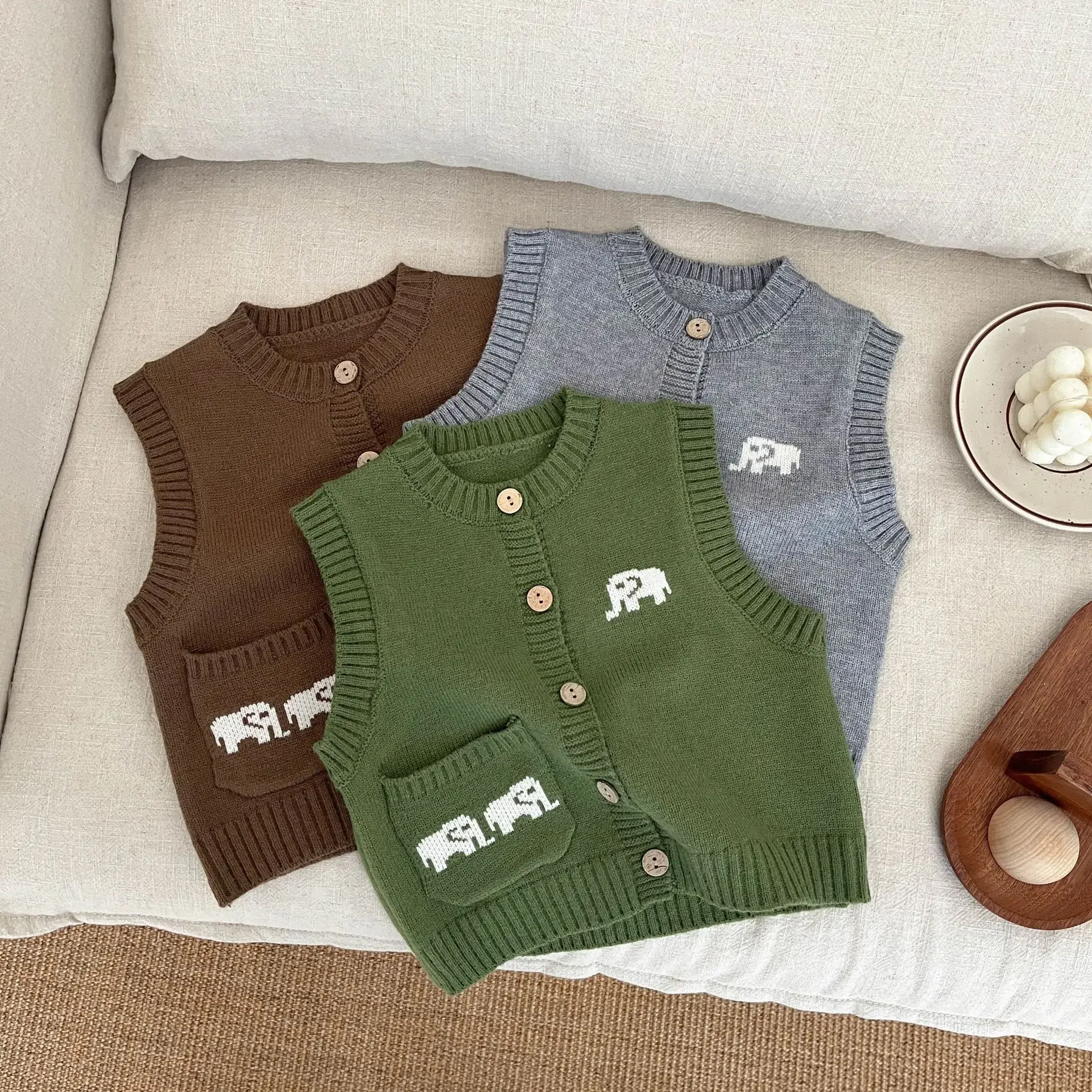 Baby Clothes Korean Style Cartoon All Match Sweater Vest Spring Boys and Girls Baby Cute Comfortable Knitted Vest