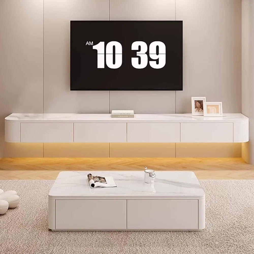Wall-Mounted TV Cabinet White Floating TV Bench Living Room TV Unit Multimedia Wall Storage Cabinet(200CM/78.7IN) 3
