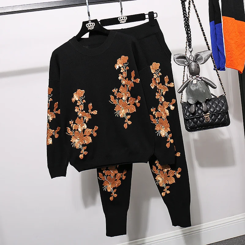 

Korean Fashion Embroidery Sequins Flowers Knit Tracksuits Set Women Loose Pullover Sweater Long Pants Female Two Piece Outfits