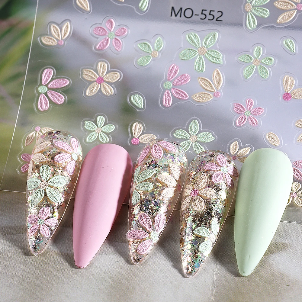 3pcs 봄 여름 꽃 3D 네일 아트 스티커 새겨진 꽃 데이지 체리 꽃무늬 접착 네일 데칼 DIY 매니큐어 네일 랩