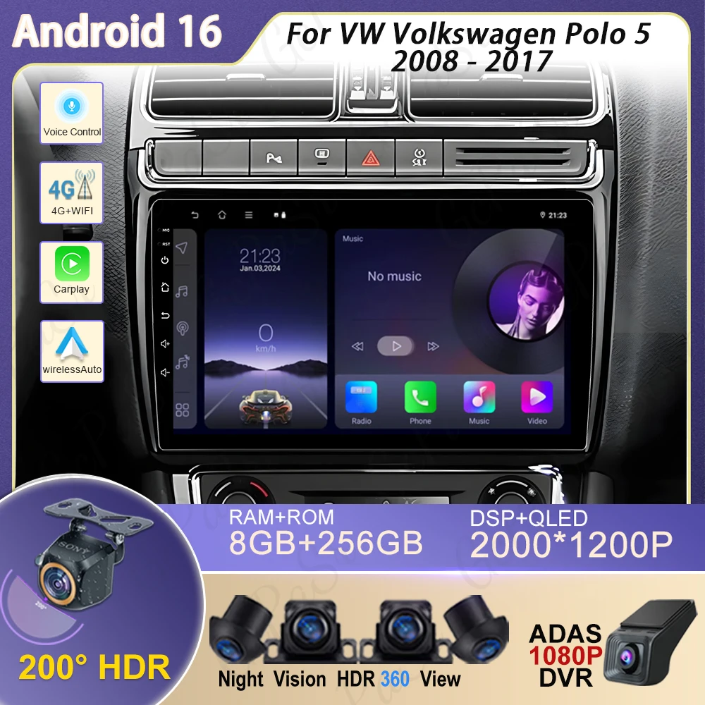 Sistema Multimedia para Auto VW Volkswagen Polo 5 2008-2017, Carplay Inalámbrico, Android 16, Radio, Estéreo, GPS, Navegación, 4G, WIFI, QLED 1