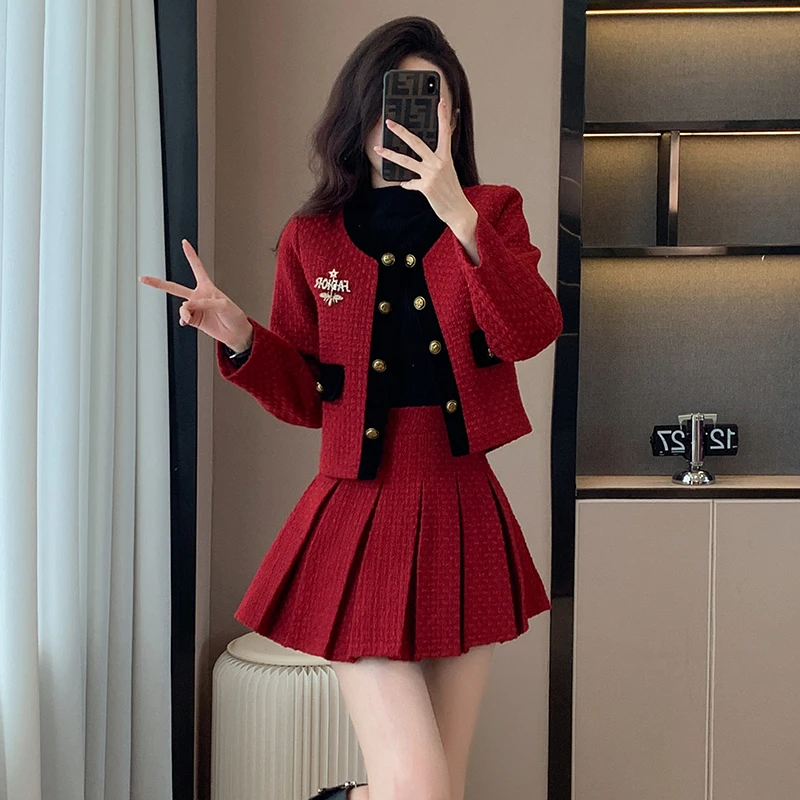 

Thick Cotton Clip Outfit Red Sets for Women 2 Pieces Autumn/Winter Korean Popular Small Fragrant Tweed Coat Jacket + Short Skirt