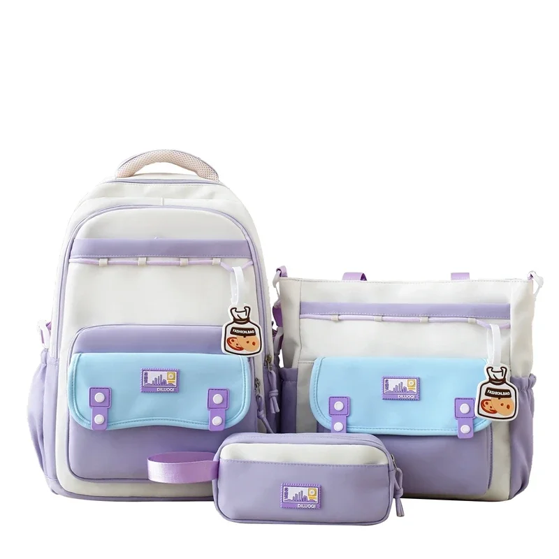 Large Capacity Hot Sale Nylon Solid Color Zipper School Bags Three Piece Set Classic Simple Versatile Backpacks Schoolbags 6