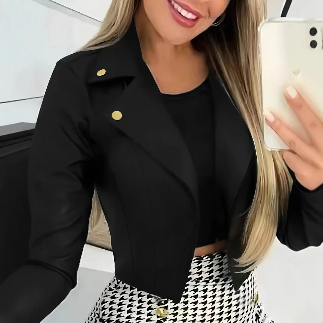 Gold Button Long Sleeve Slim Cropped Blazer for Women