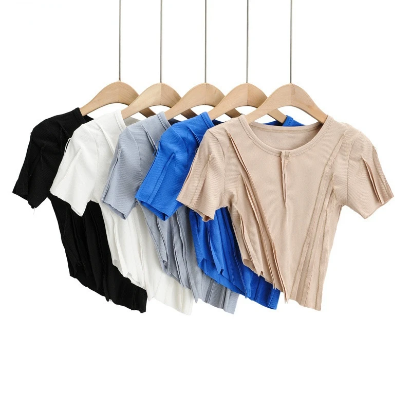 

2022 New O-ncek INS Diagonal Hem Short Sleeve T-Shirt Ladeies Clothes Slim Cropped Top Female Solid Cotton Patchwork Streetwear