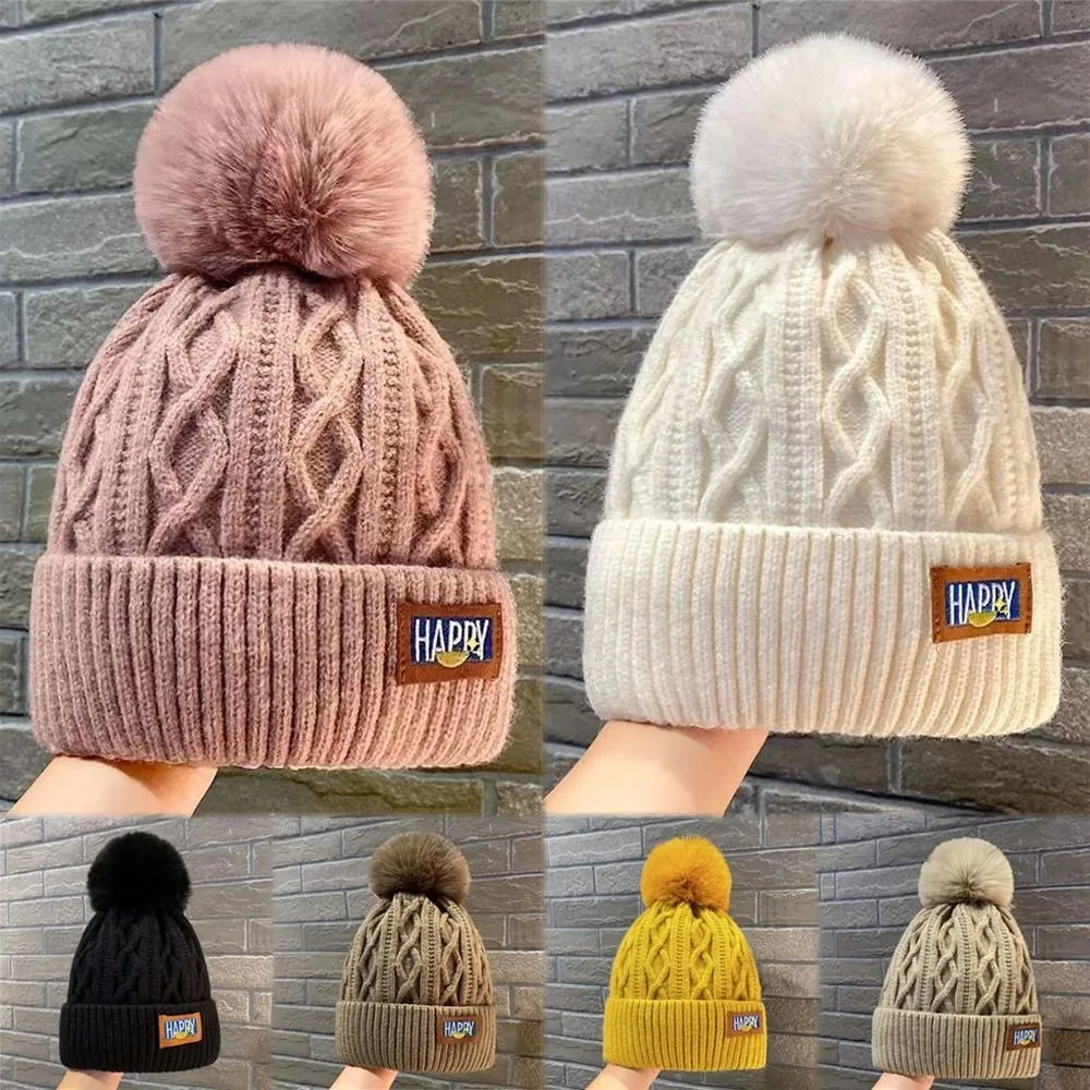 Stilvolle, verdickte Wintermütze, warm halten, Beanie-Mütze, Strickmütze, Damen-Pompoms-Mütze, Gehörschutz